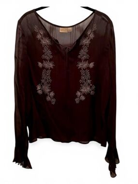 Nordstrom Caslon brand dark brown sheer blouse size L boho frilly festive